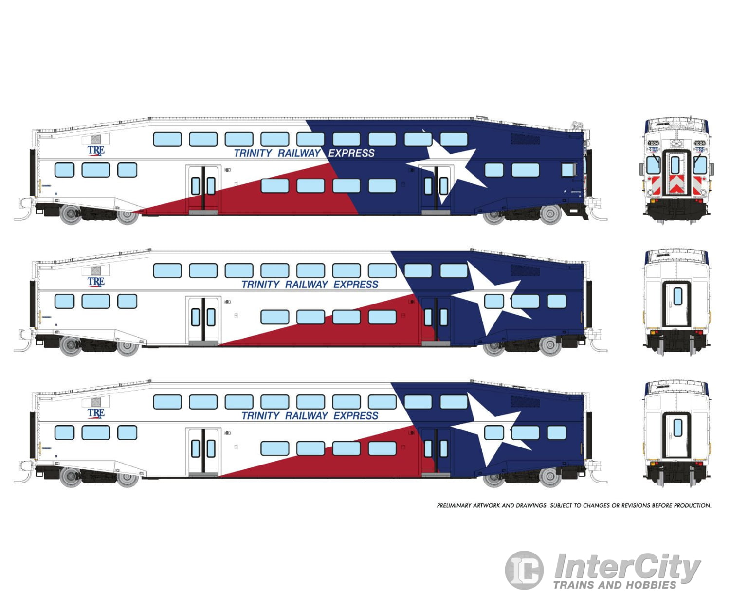 Rapido 546025 N Bilevel Commuter Car: Trinity Rail Express: Set #1 (Cab: 1004 Coaches: 1060 1063)