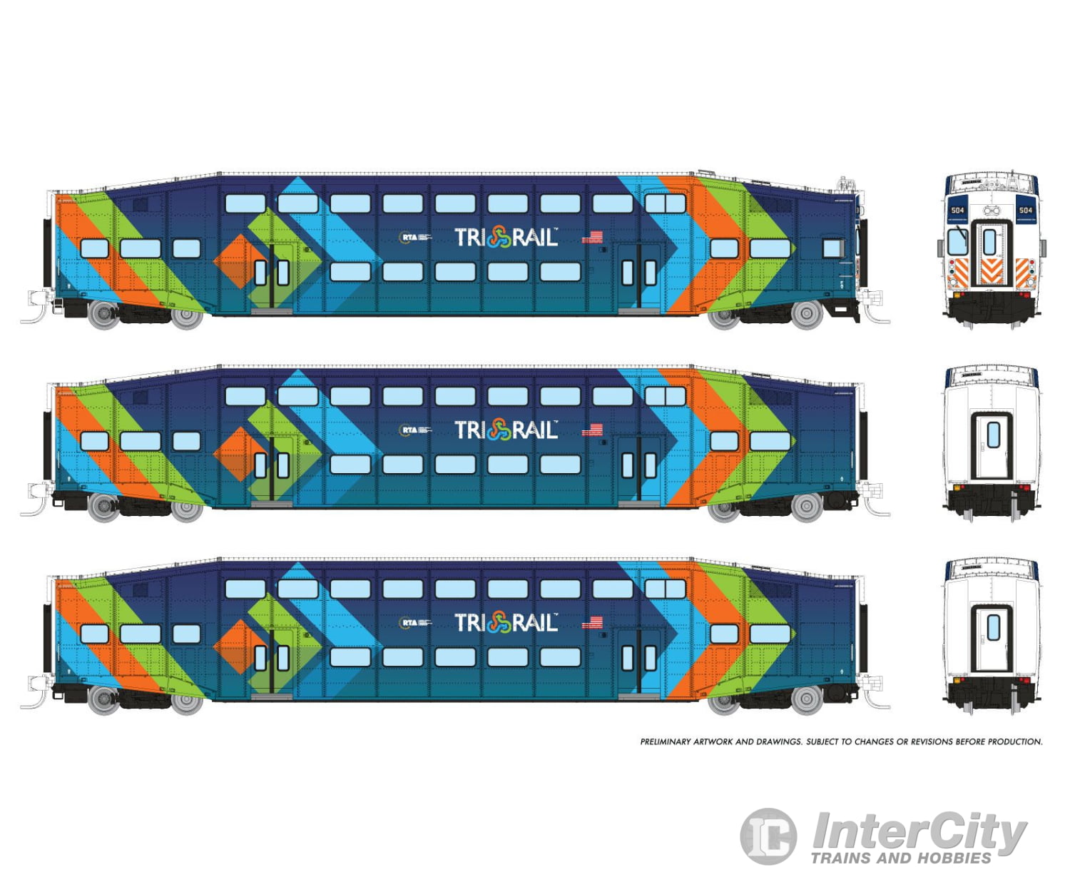 Rapido 546028 N Bilevel Commuter Car: Trirail - Dark Blue Scheme: Set #1 (Cab: 501 Coaches: 1004