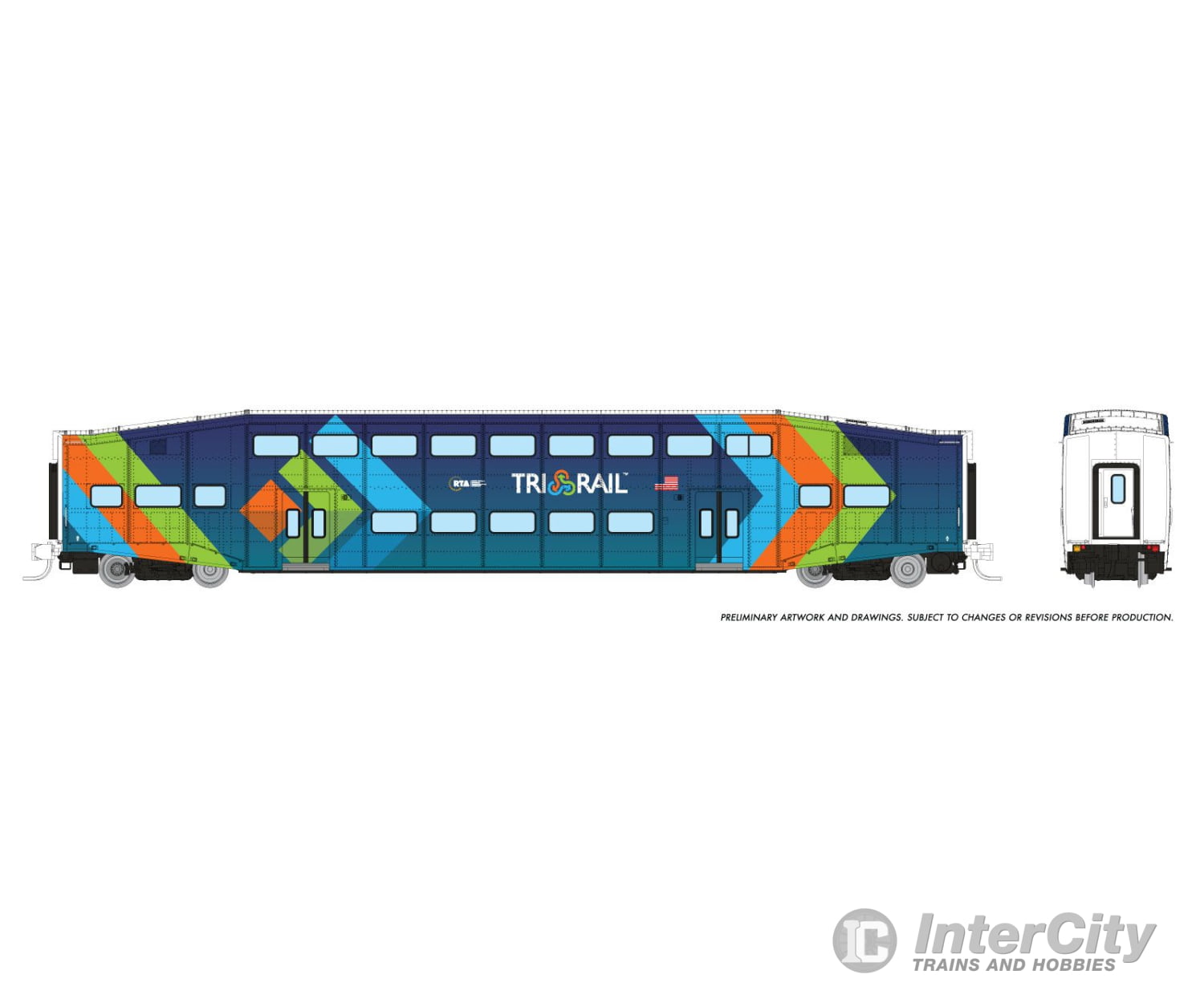 Rapido 546028 N Bilevel Commuter Car: Trirail - Dark Blue Scheme: Set #1 (Cab: 501 Coaches: 1004