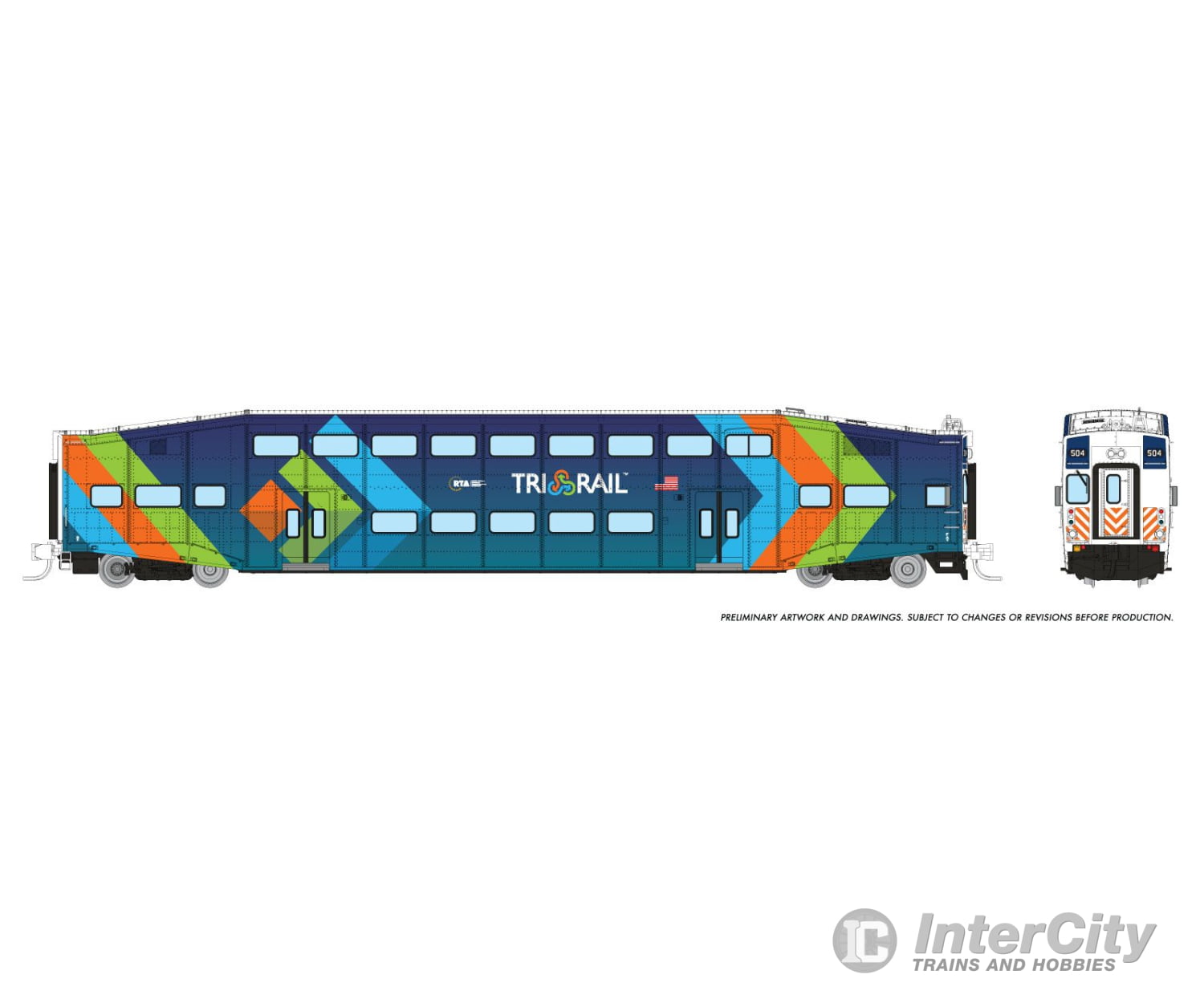 Rapido 546028 N Bilevel Commuter Car: Trirail - Dark Blue Scheme: Set #1 (Cab: 501 Coaches: 1004