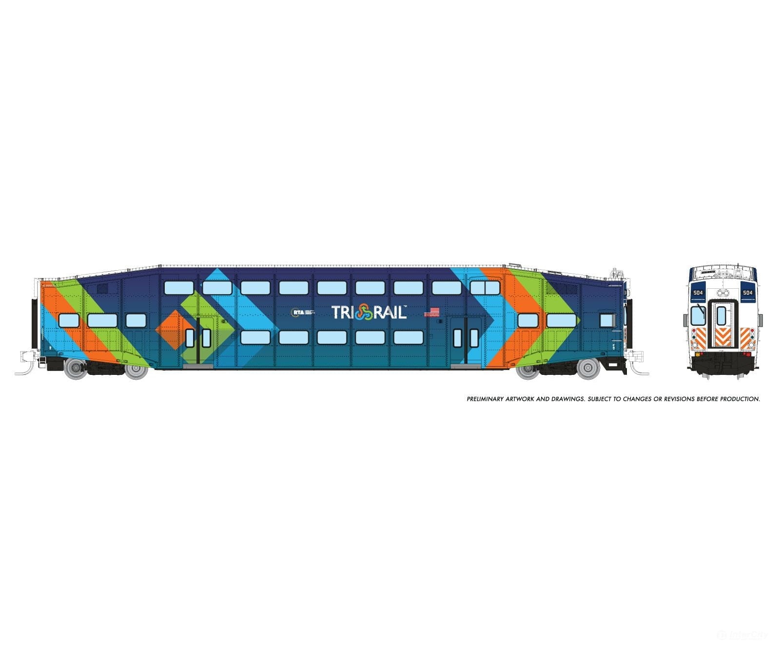 Rapido 546029 N Bilevel Commuter Car: Trirail - Dark Blue Scheme: Set #2 (Cab: 504 Coaches: 1007