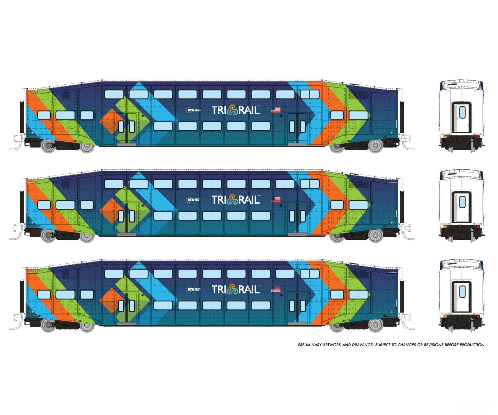 Rapido 546030 N Bilevel Commuter Car: Trirail - Dark Blue Scheme: Set #3 (Coaches: 1001 1006 1012)