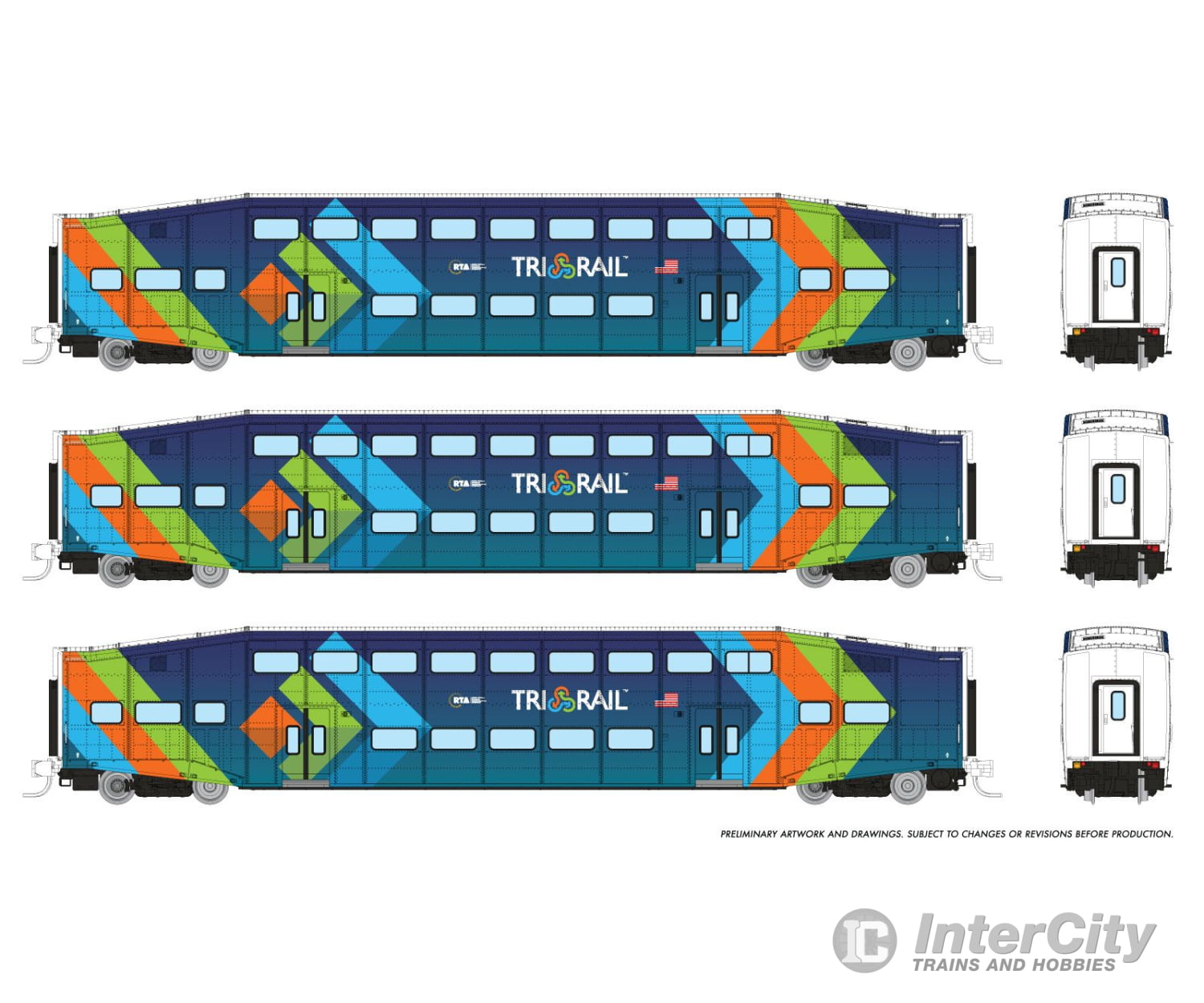 Rapido 546030 N Bilevel Commuter Car: Trirail - Dark Blue Scheme: Set #3 (Coaches: 1001 1006 1012)