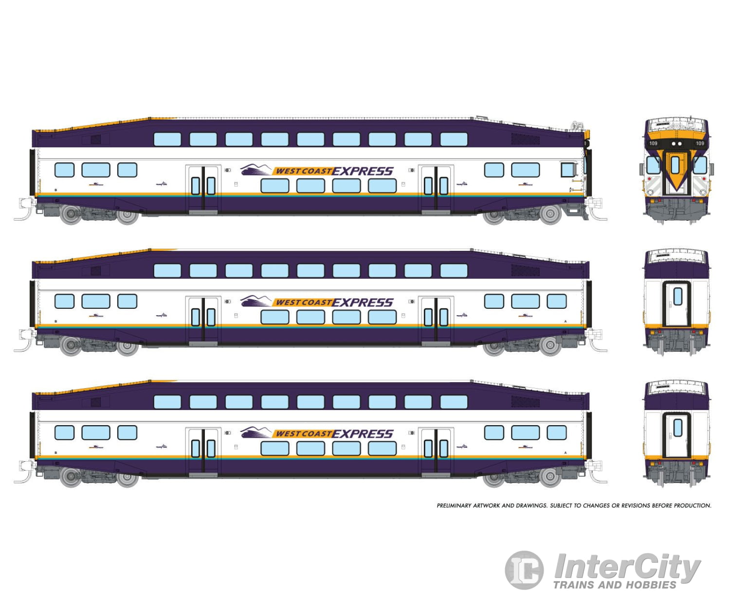 Rapido 546031 N Bilevel Commuter Car: West Coast Express: Set #1 (Cab: 108 Coaches: 304 308)