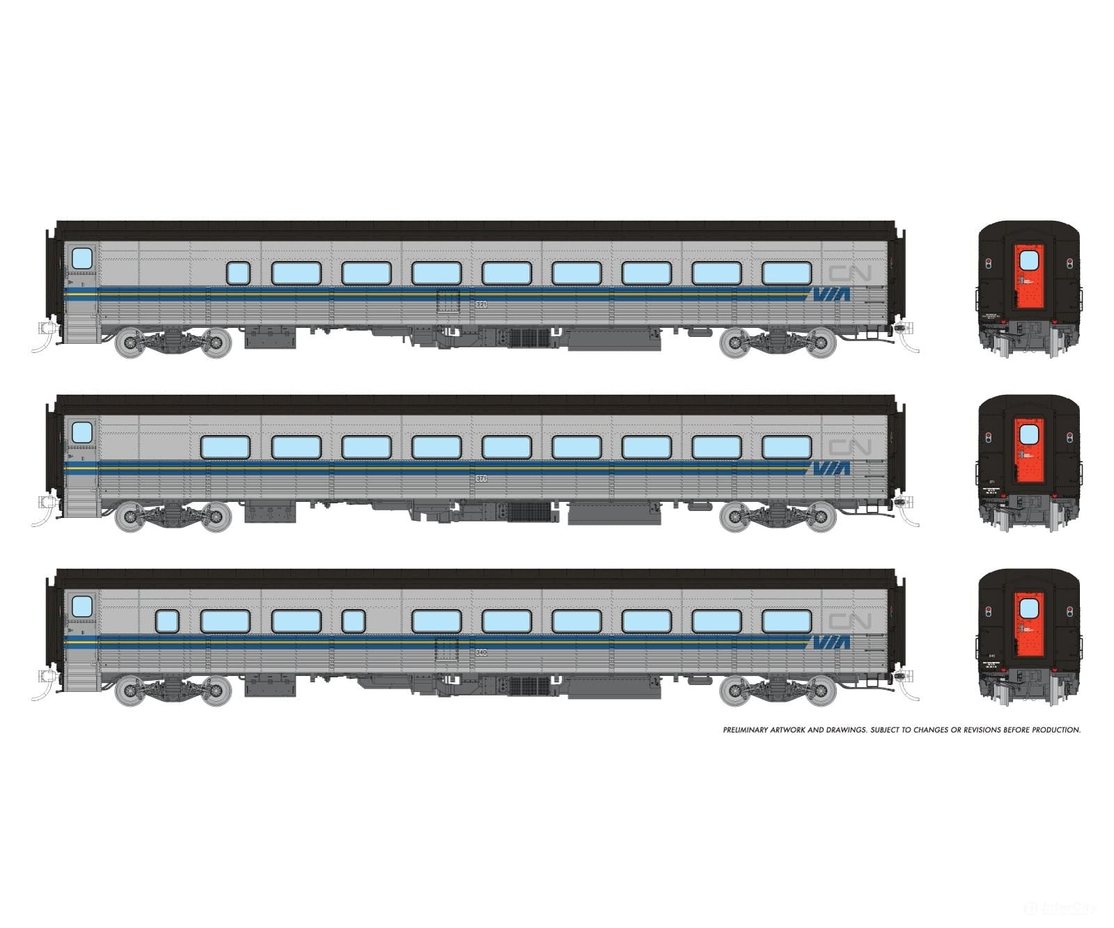 Rapido 9062003 HO Hawker Siddeley Tempo Train: VIA Set #1: Club 323 CBL 340 Coach 371 - Starter & Train Sets