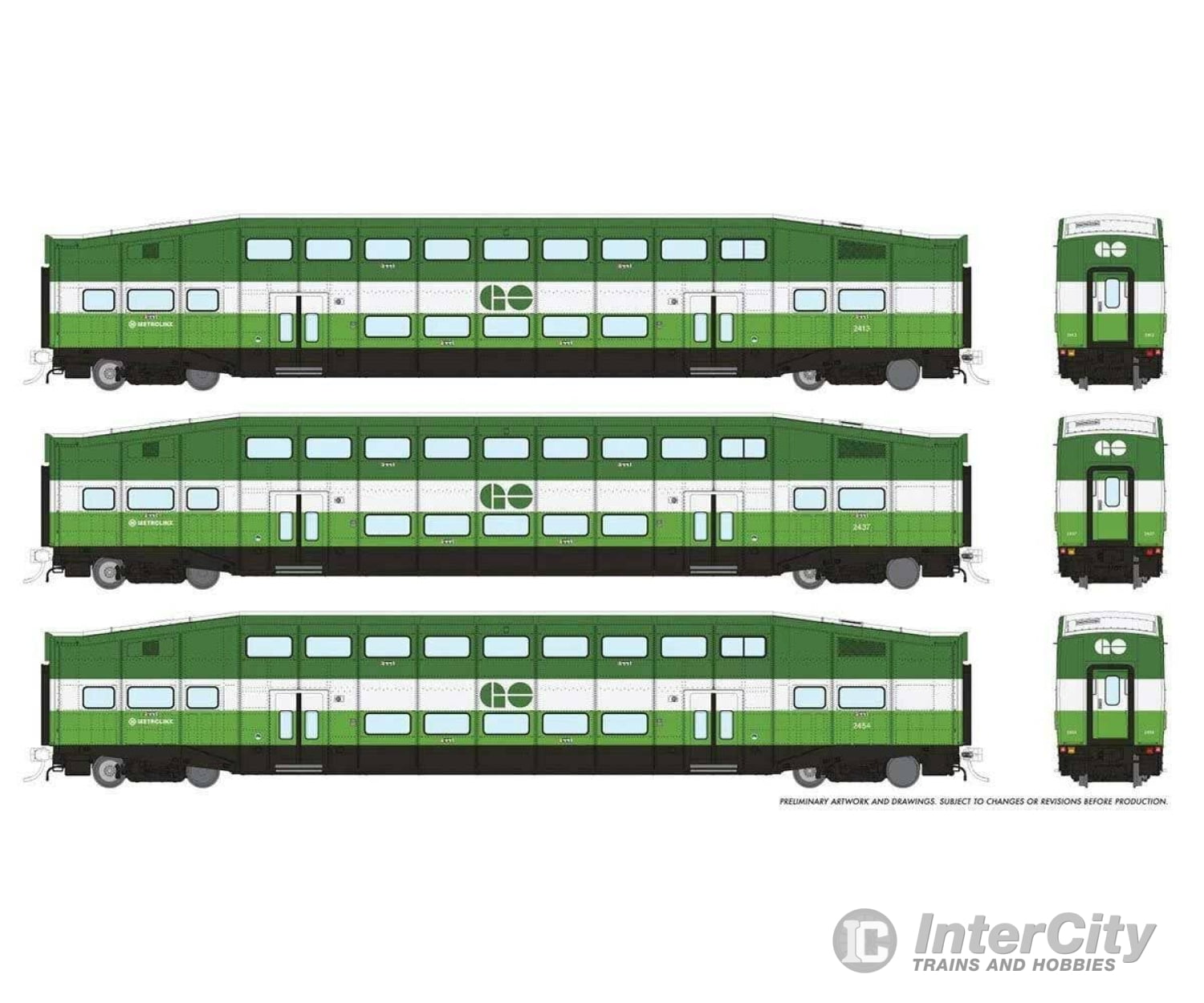 Rapido Ho 146042 Bi-Level Commuter 3-Coach Set - Ready To Run Go Transit/Metrolinx #3 #2413 2437