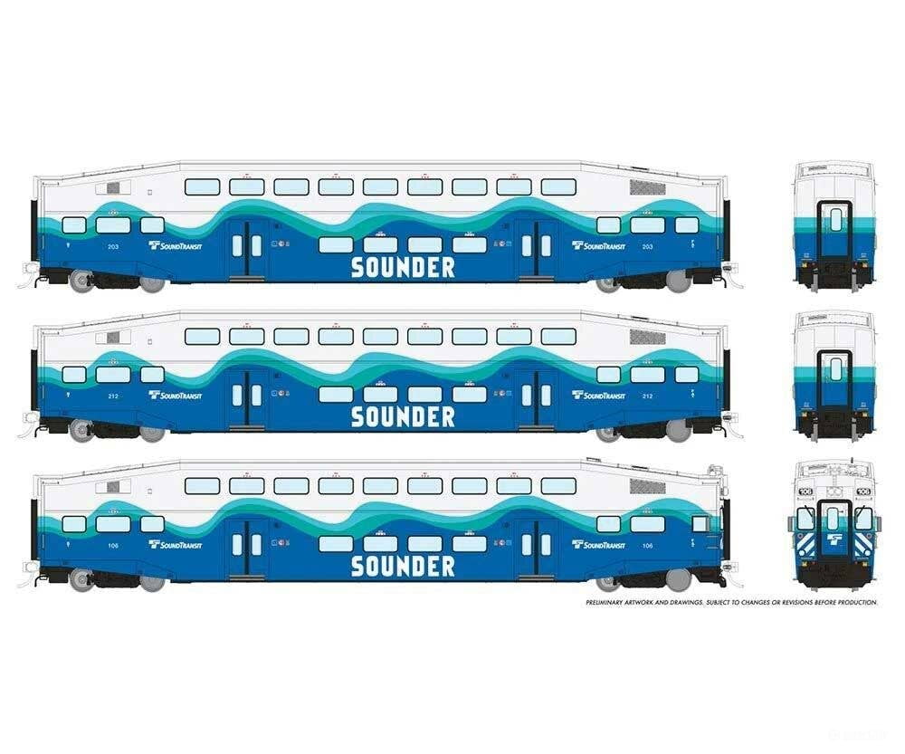 Rapido Ho 146051 Bi-Level Commuter 2 Coach And Cab Car Set - Ready To Run Sounder #1 #106 203 212
