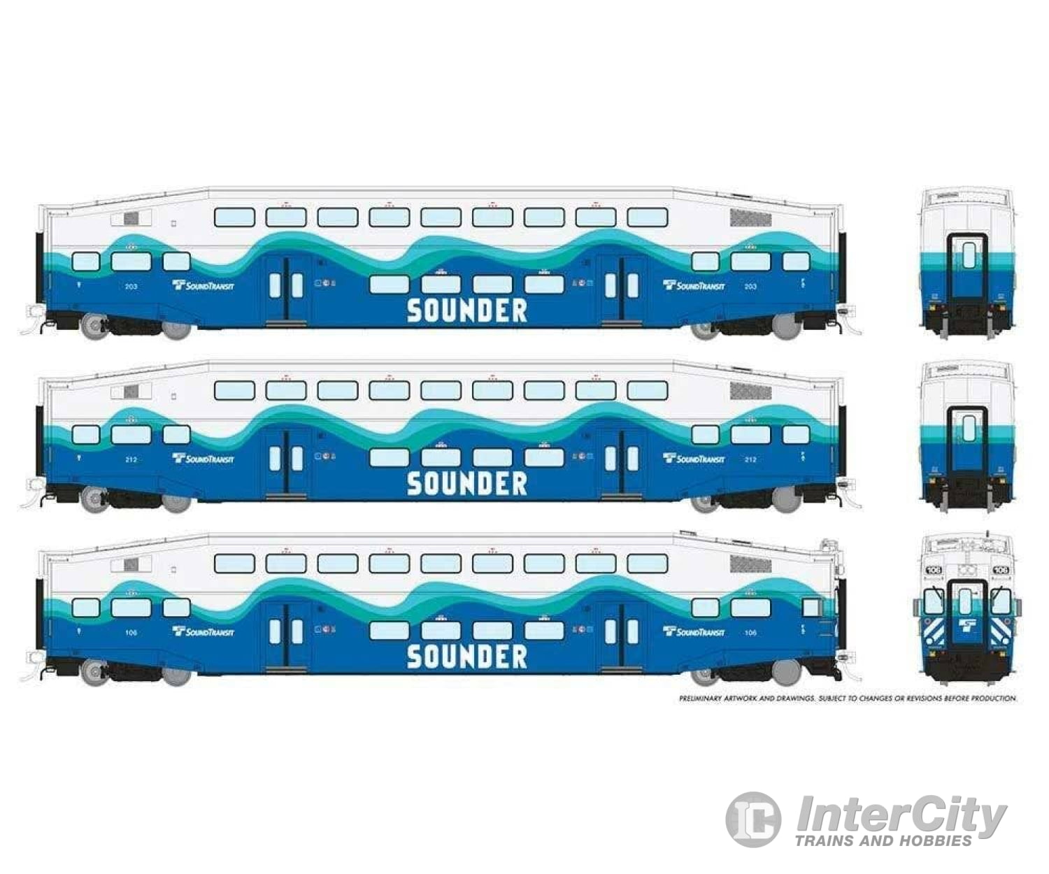 Rapido Ho 146051 Bi-Level Commuter 2 Coach And Cab Car Set - Ready To Run Sounder #1 #106 203 212