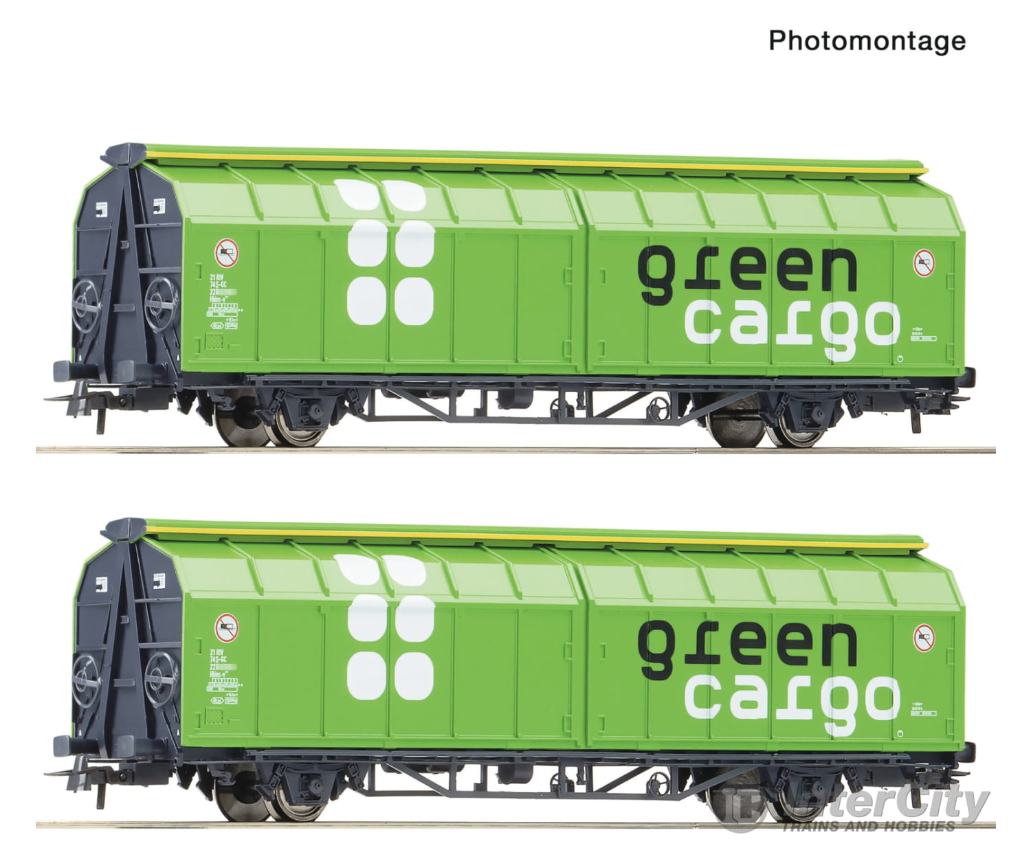 Roco 6600114 Ho 2-Piece Set: Sliding Wall Wagons Green Cargo European Freight Cars