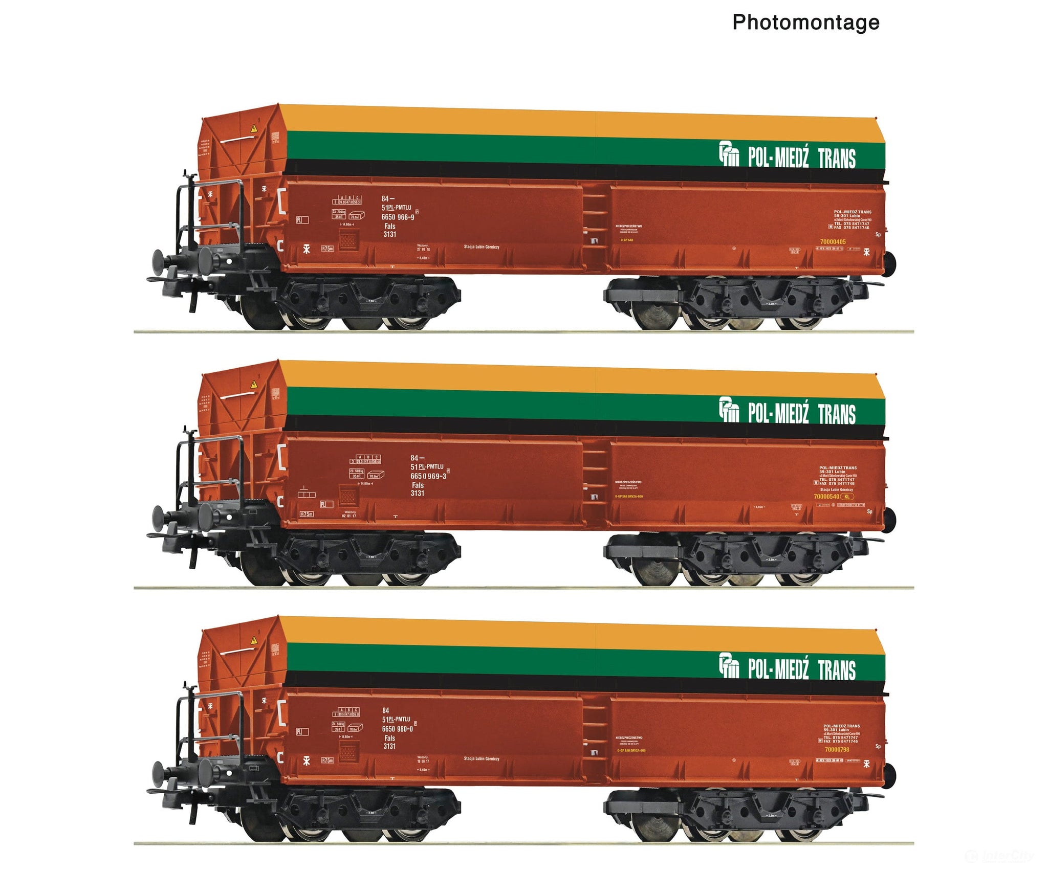 Roco 6600218 HO 3 piece set: Self-unloading hopper wagons PMT European Passenger Cars