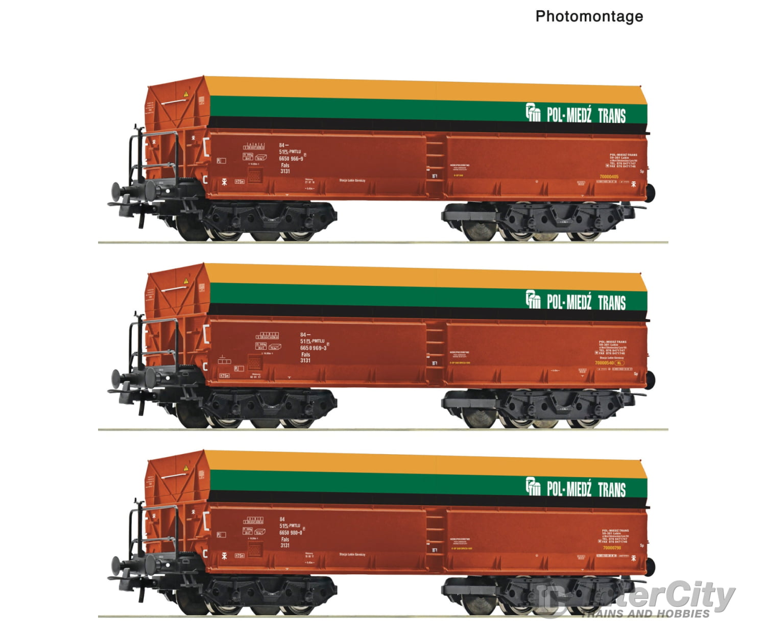 Roco 6600218 HO 3 piece set: Self-unloading hopper wagons PMT European Passenger Cars