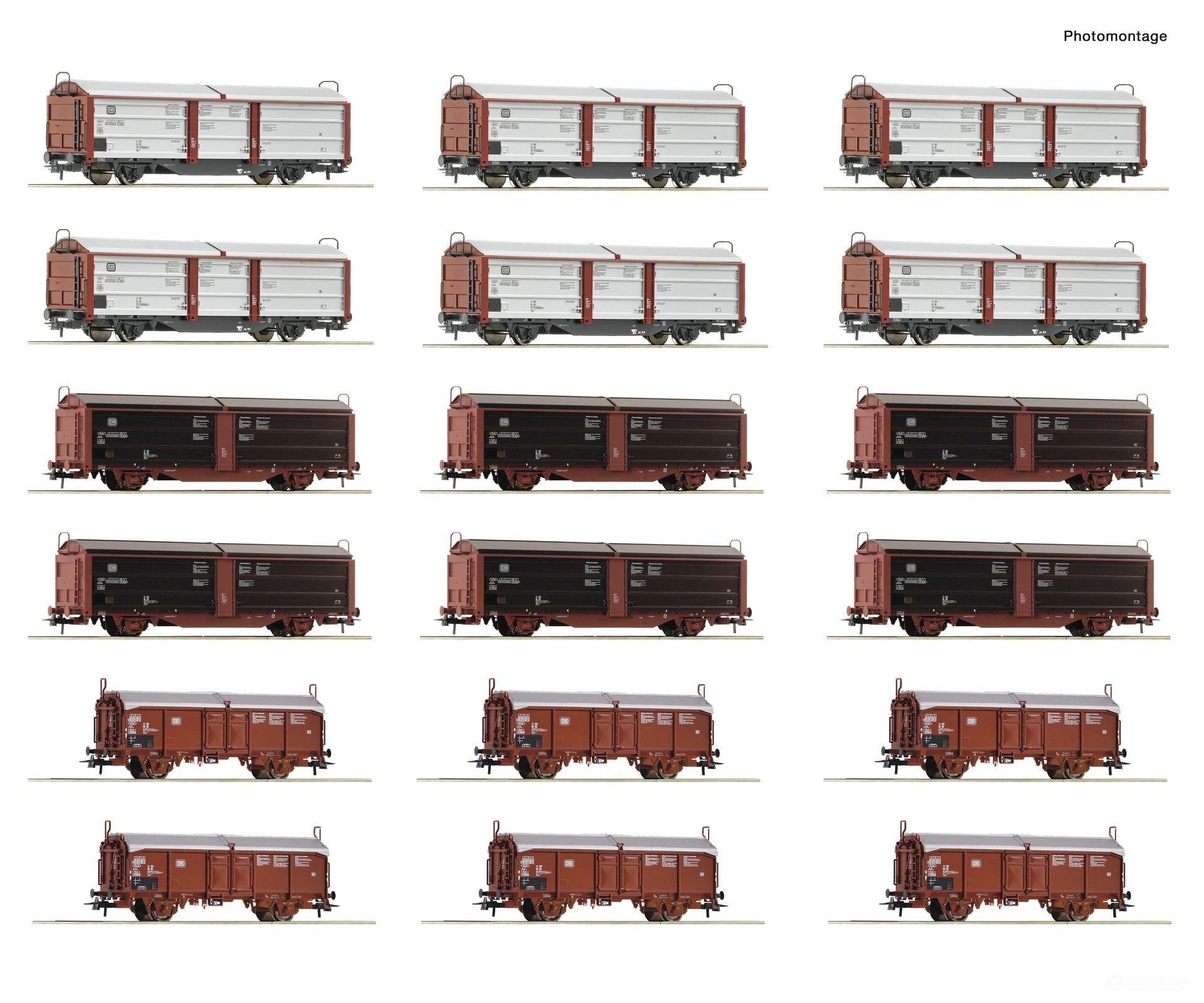 Roco 6600340 HO 18 piece display: Marshalling yard/sliding roof/sliding wall wagons DB European Freight Cars