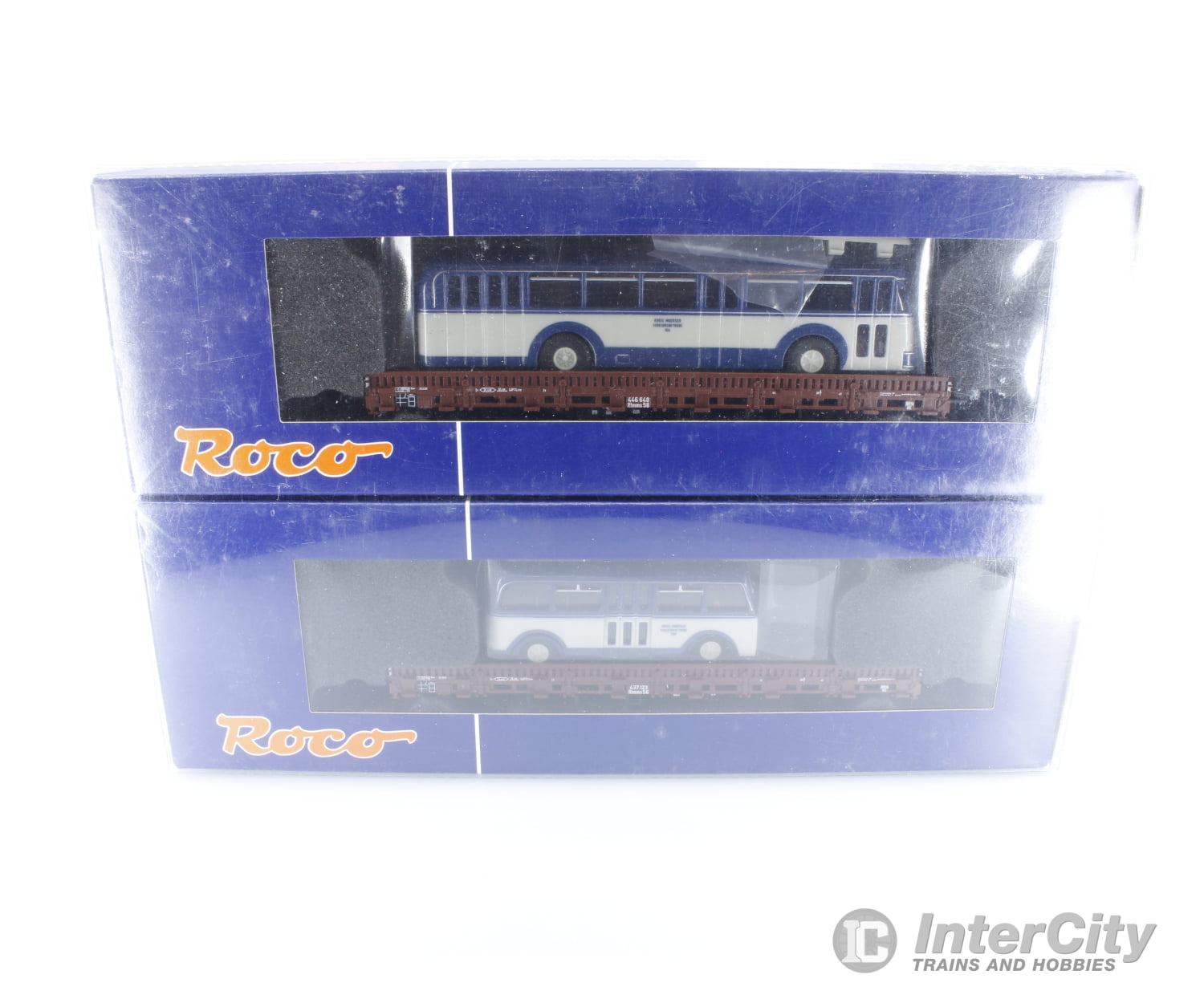 Roco 66034 German Db Stake Car Set With Bus Loads European Freight Cars