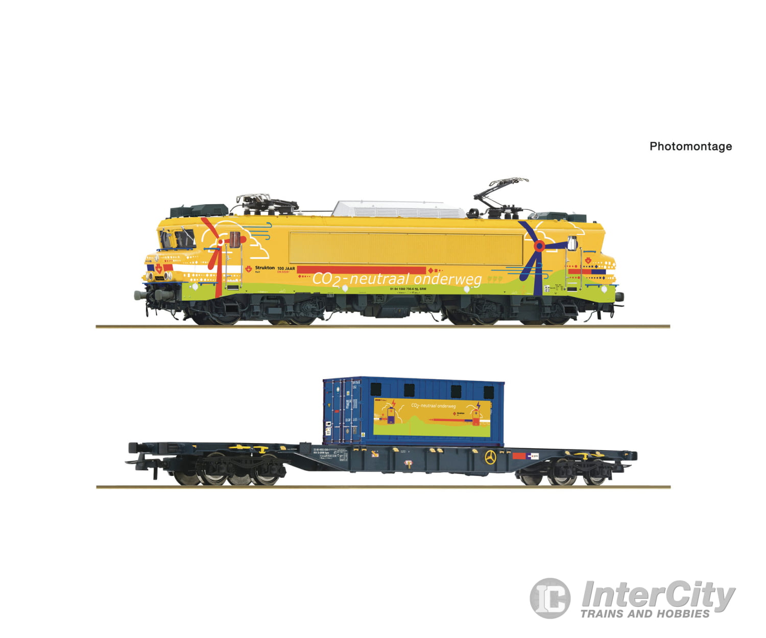 Roco 7500117 Ho 2 Piece Set: Electric Locomotive 1756 With Container Carrier Wagon Strukton Rail