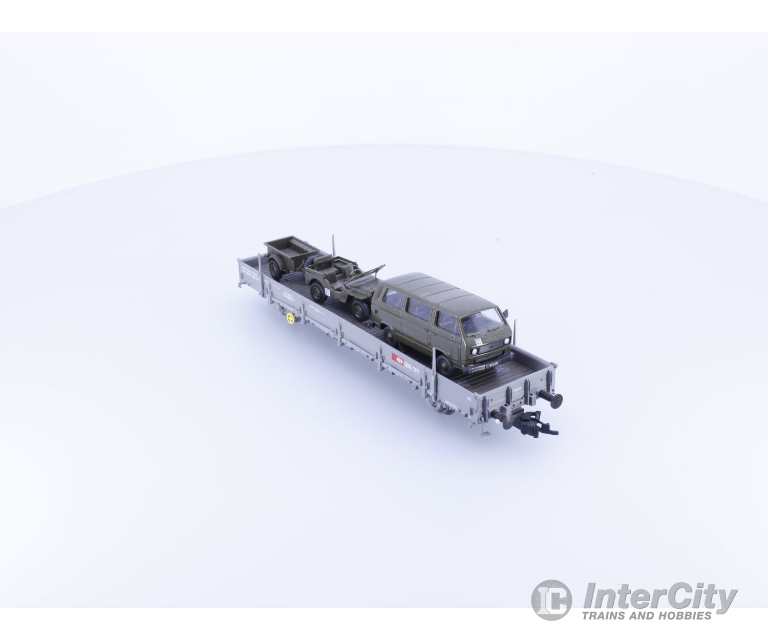 Roco 783-9 HO SBB-CFF-FFS Low Side Flat Car with Stakes and Military Vehicles 783-9 European Freight Cars