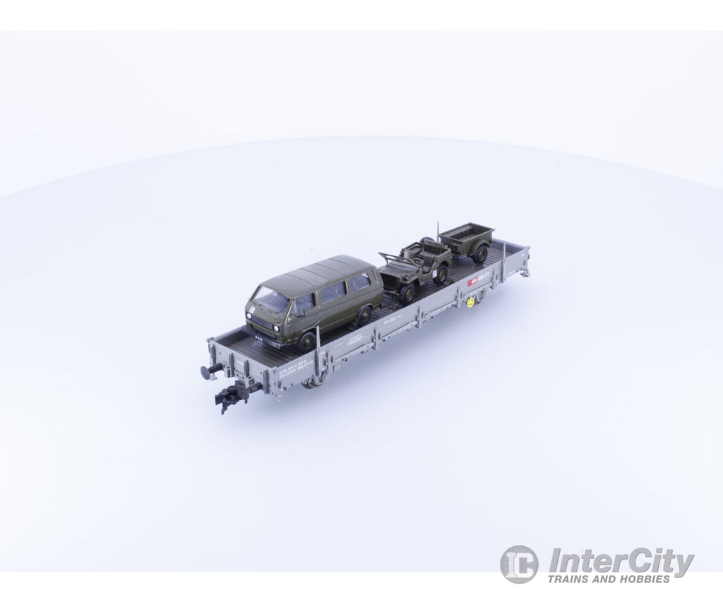 Roco 783-9 HO SBB-CFF-FFS Low Side Flat Car with Stakes and Military Vehicles 783-9 European Freight Cars