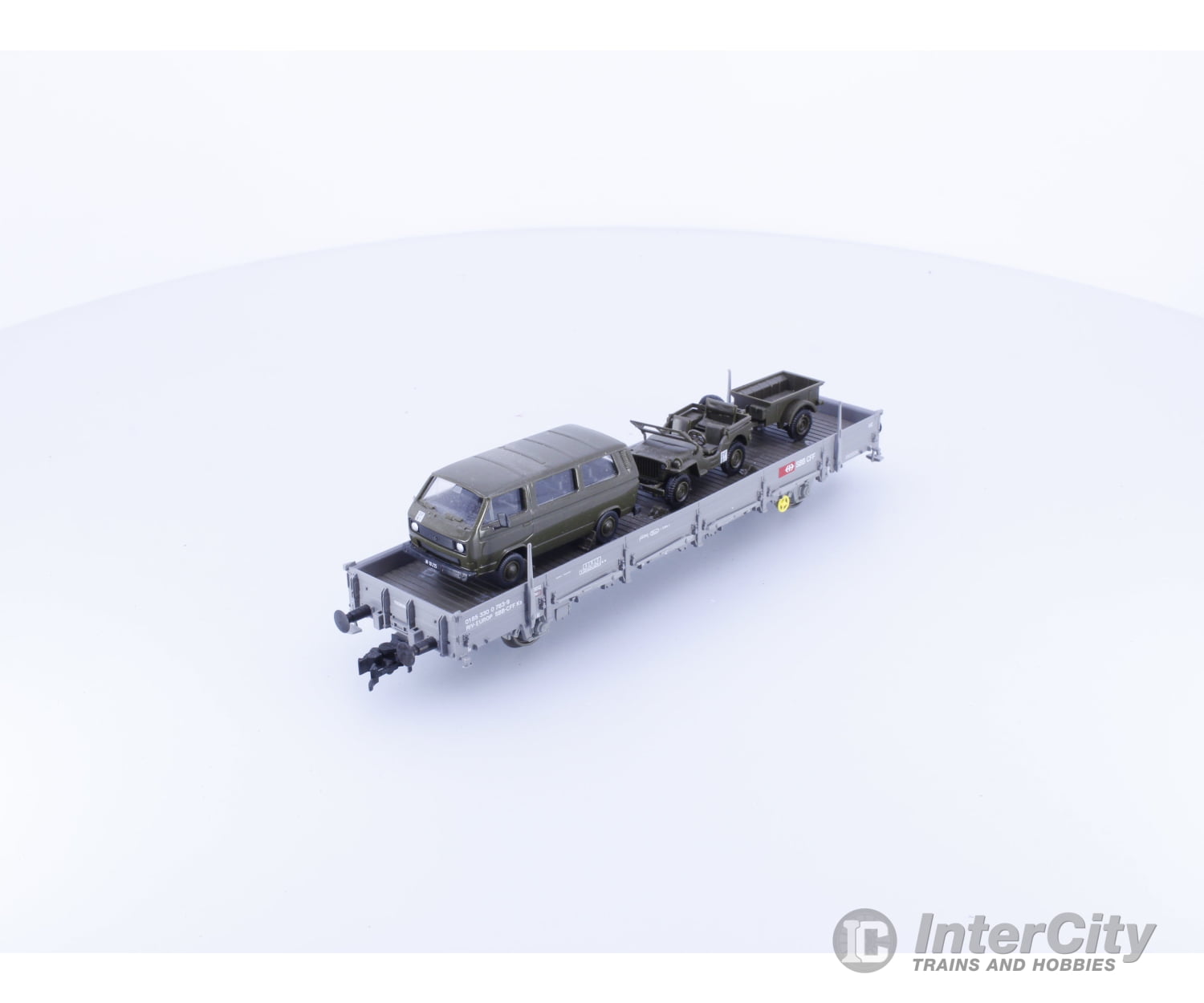 Roco 783-9 HO SBB-CFF-FFS Low Side Flat Car with Stakes and Military Vehicles 783-9 European Freight Cars