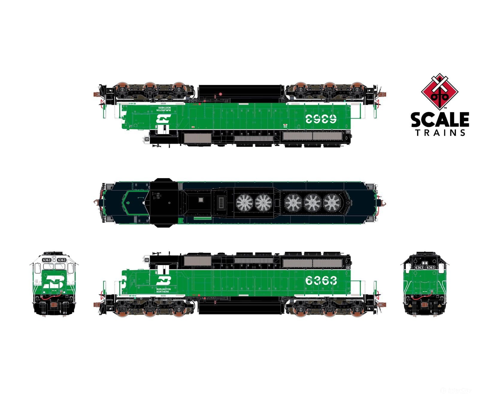 ScaleTrains SXT40760 Rivet Counter HO Scale EMD SD40-2 Burlington Northern/White Face/Strobe Lights 6358 - DCC Ready