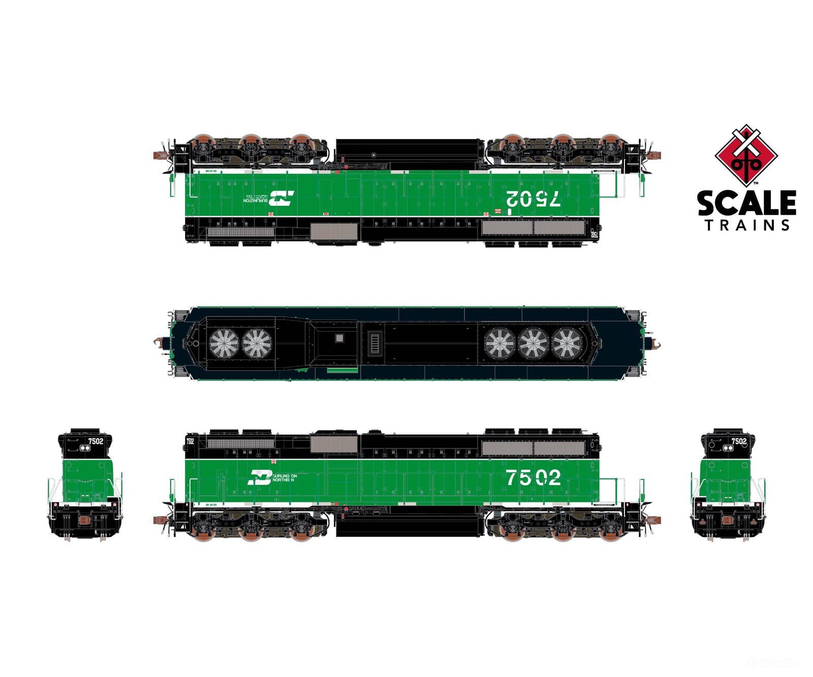 ScaleTrains SXT40763 Rivet Counter HO Scale EMD SD40-2B Burlington Northern/White Face 7502 DCC & Sound Equipped