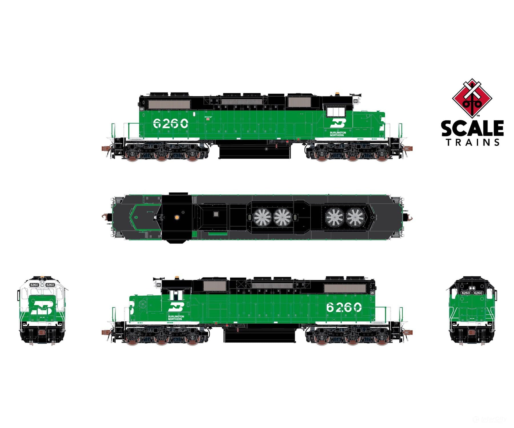ScaleTrains SXT41232 Rivet Counter HO Scale EMD SD38-2 Burlington Northern/White Face/Beacon 6260 DCC & Sound Equipped