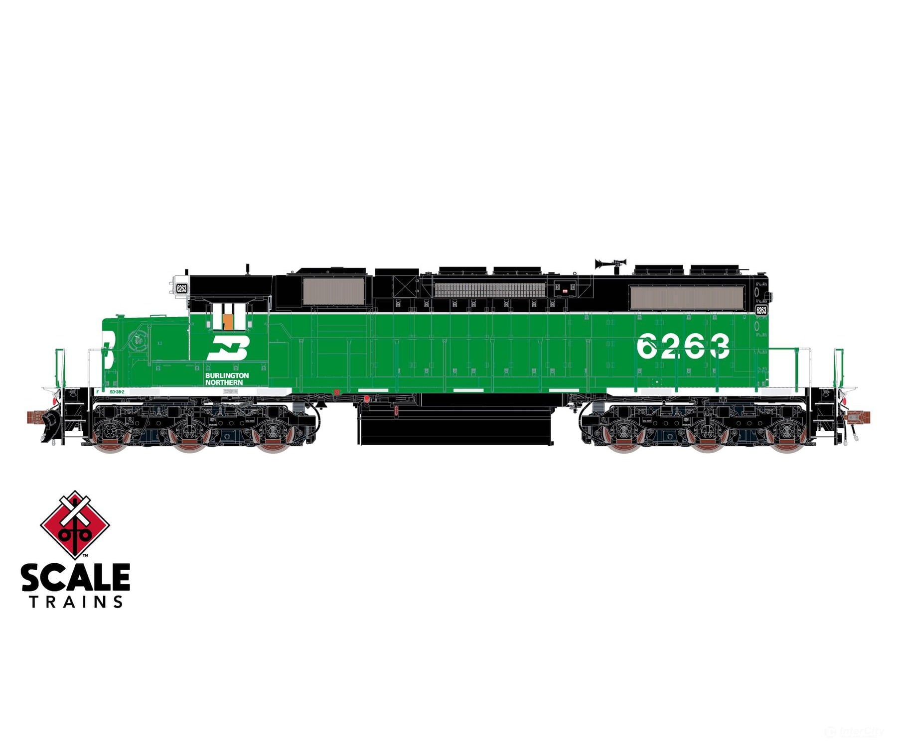 ScaleTrains SXT41236 Rivet Counter HO Scale EMD SD38-2 Burlington Northern/White Face/No Beacon 6263 DCC & Sound
