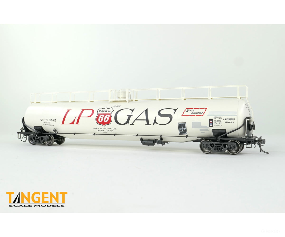 Tangent 31163-03 HO NCTX “Pacific 66 Calgary AB” 1979+ NACC 1963 Design 33,000 Gallon Dual Diameter LPG/AA Tank Car