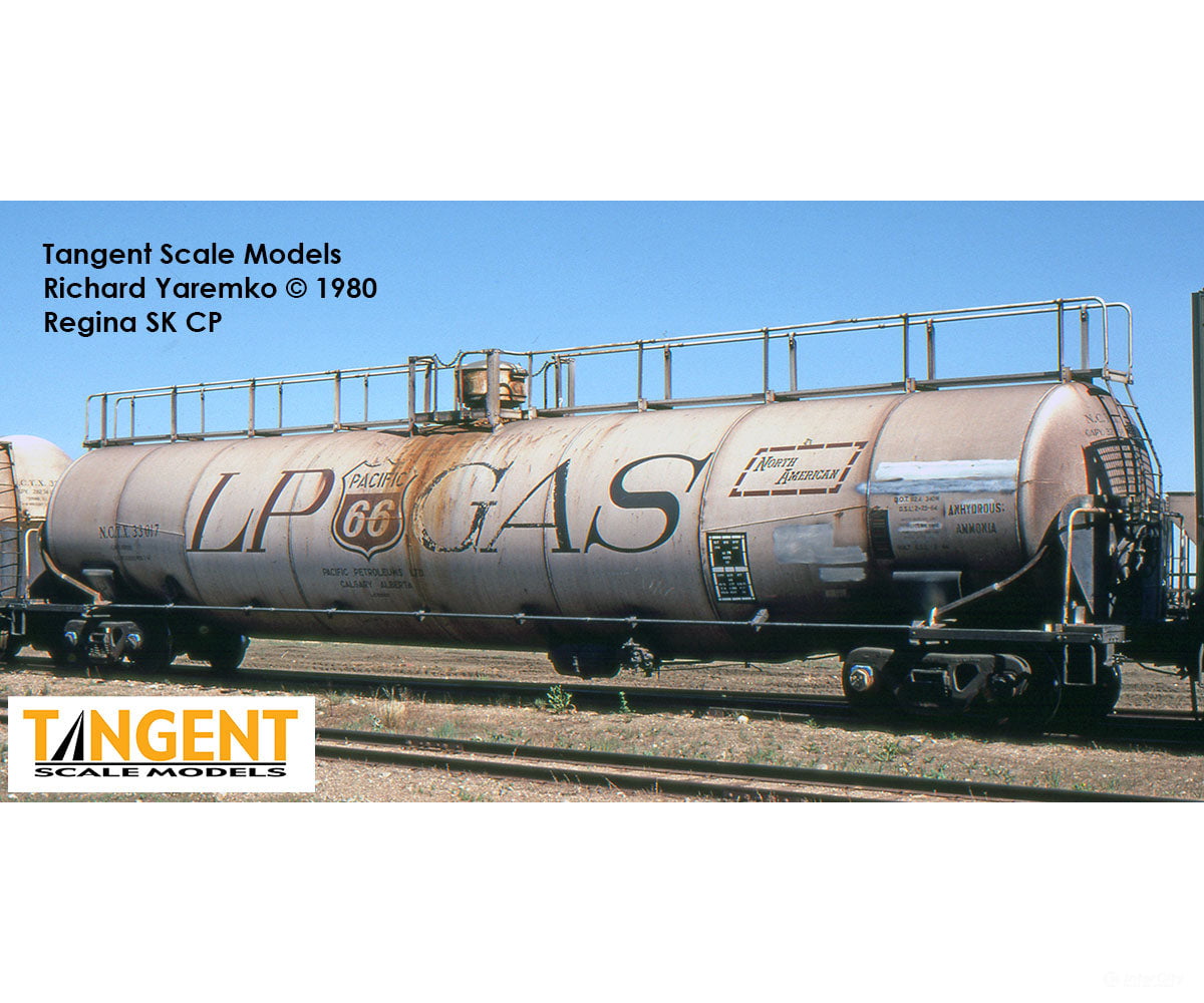 Tangent 31163-03 HO NCTX “Pacific 66 Calgary AB” 1979+ NACC 1963 Design 33,000 Gallon Dual Diameter LPG/AA Tank Car