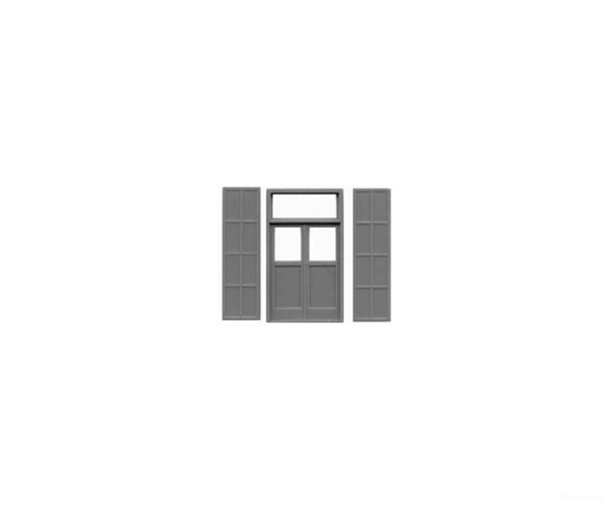 Tichy Train Group 8140 Double Door w/Transom & Iron Shutters - Set of 3 (Gray Styrene) -- Scale 65’’ x 115’’; Fits.76 x