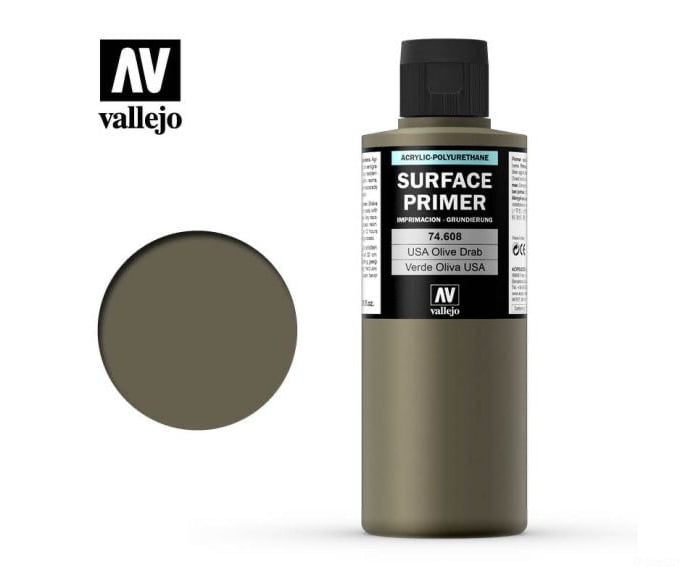 Vallejo 74.608 Surface Primer - Acrylic- u.s. Olive Drab - 200ml - Default Title (CH-940-74608)