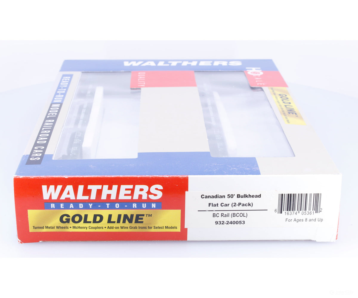 Walthers 932-240053 HO 50’ Bulkhead Flat Car (2 Pack) British Columbia Railway (BCOL) 18818/17658 - Freight Cars