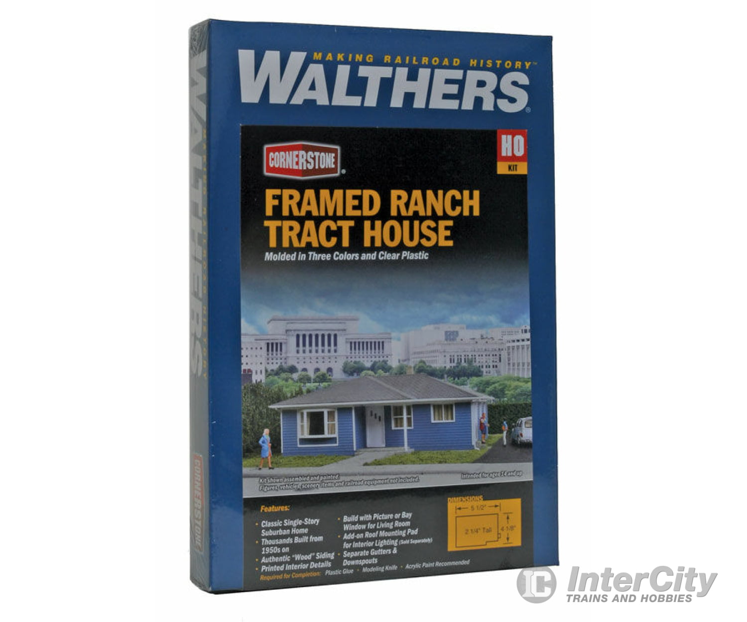 Walthers Cornerstone 3775 Framed Ranch Tract House -- Kit - 5-1/2 X 4-1/8 2-1/4’ 13.9 10.4 5.7Cm