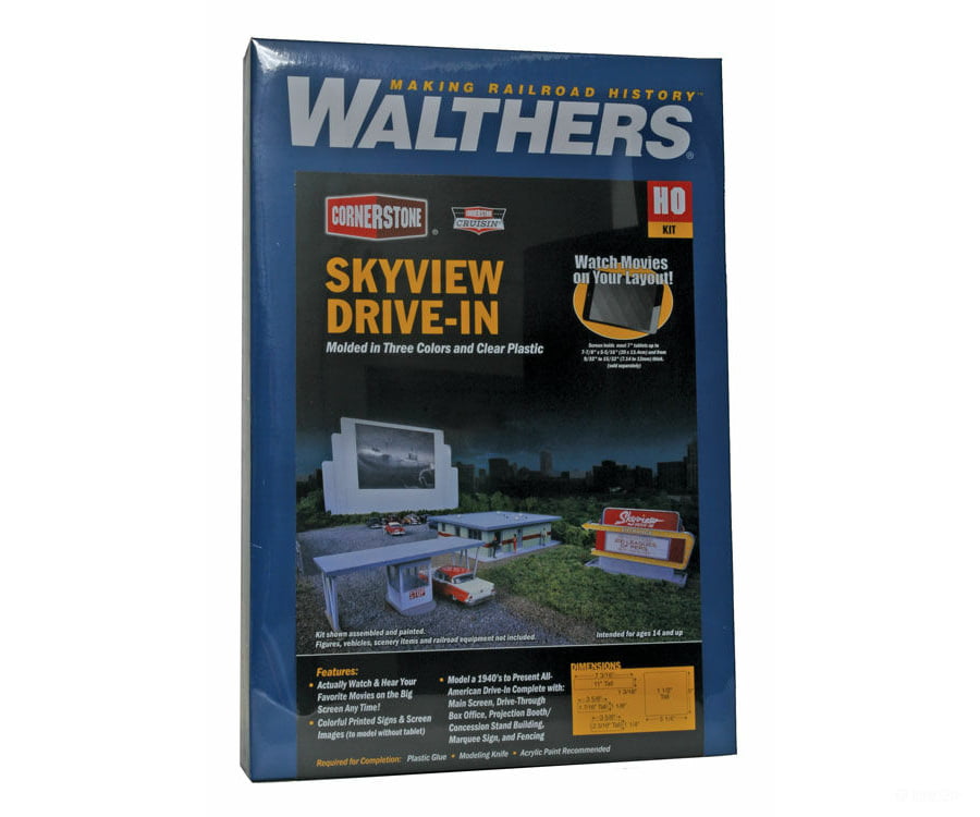 Walthers Cornerstone Ho 3478 Skyview Drive-In Theater -- Kit - Screen Holds Most 7 Tablets (7-7/8 X