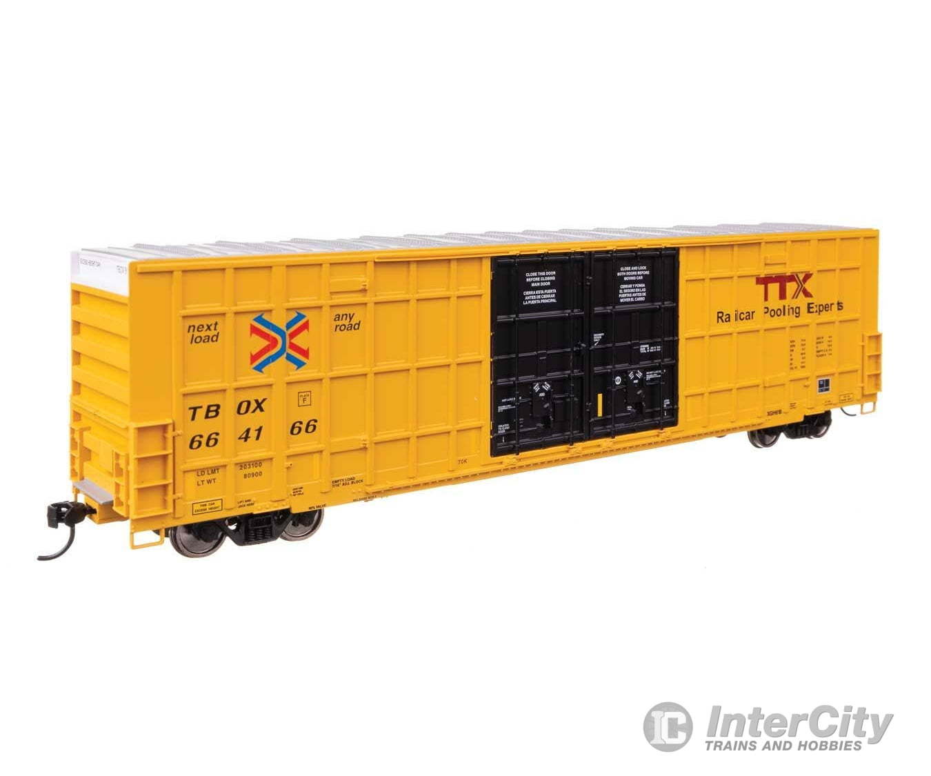 Walthers HO 3114 60’ High Cube Plate F Horizontal Post Boxcar - TTX TBOX #664166 (yellow black Standard Lettering)