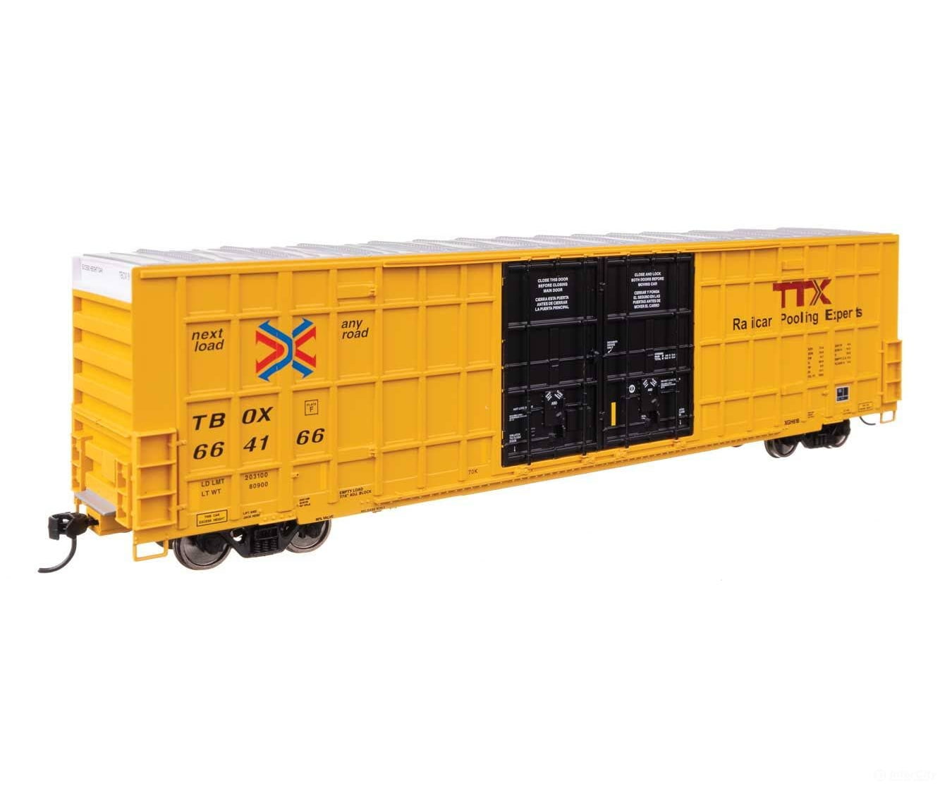 Walthers HO 3114 60’ High Cube Plate F Horizontal Post Boxcar - TTX TBOX #664166 (yellow black Standard Lettering)