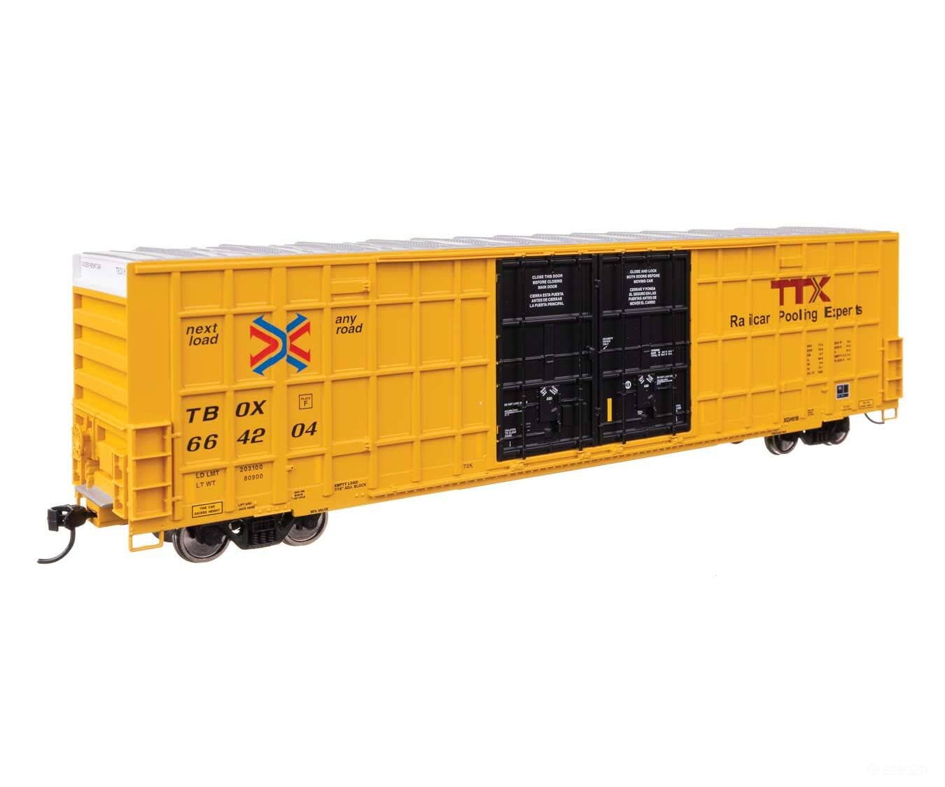 Walthers HO 3115 60’ High Cube Plate F Horizontal Post Boxcar - TTX TBOX #664204 (yellow black Standard Lettering)
