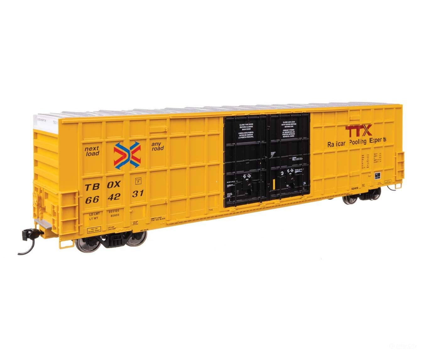 Walthers HO 3116 60’ High Cube Plate F Horizontal Post Boxcar - TTX TBOX #664231 (yellow black Standard Lettering)