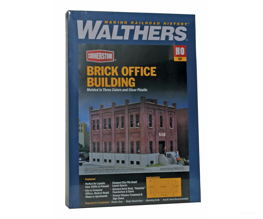 Walthers Cornerstone 4050 Brick Office Building -- Kit - 7-11/16 X 5-1/4 5’ 19.5 13.3 12.7Cm