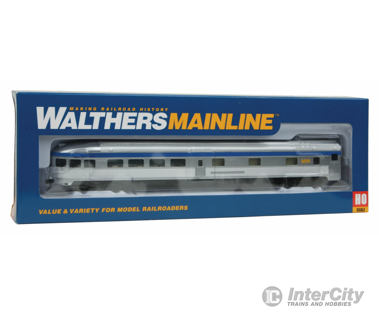 Walthers Mainline 30359 85 Budd Observation - Ready To Run -- Via Rail Canada (Silver Blue Yellow)