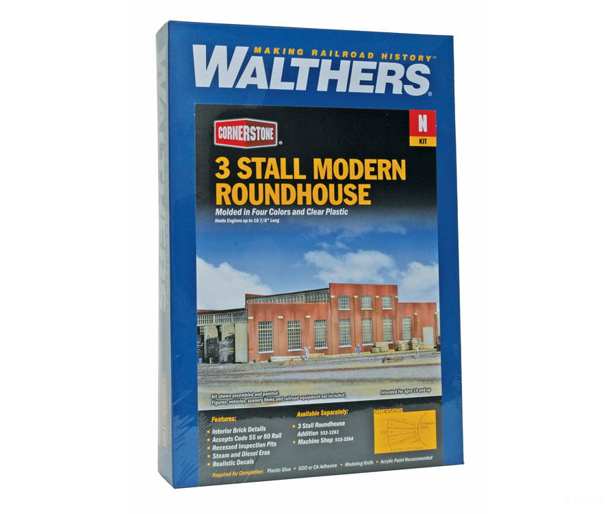 Walthers Cornerstone 3260 3-Stall Modern Roundhouse -- Kit - 10-13/16 X 3-15/16 27.4 10Cm; Stall