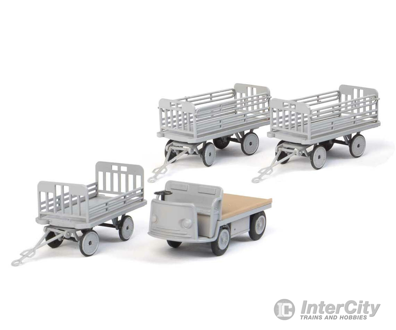 Walthers Scenemaster 4141 Baggage Tractor And Trailers - Plastic Kit -- Non-Powered 3 (Gray)