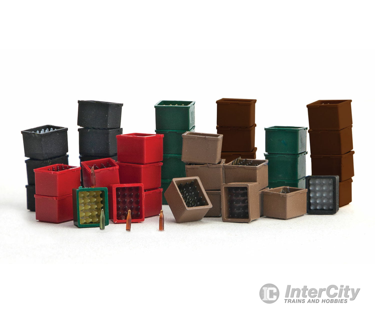 Walthers Scenemaster 4153 Beverage Crates And Bottles -- Pkg(80) - 16 Each Green Brown Black Red