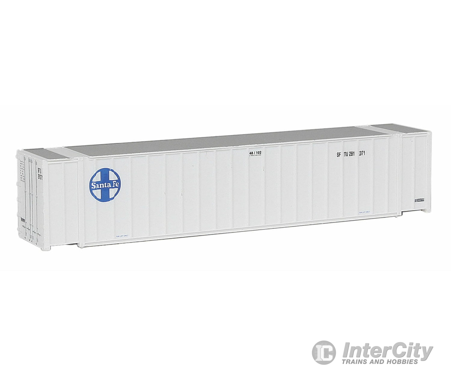 Walthers Scenemaster N 8842 48’ Ribbed Side Container - Assembled -- Santa Fe (White Blue)