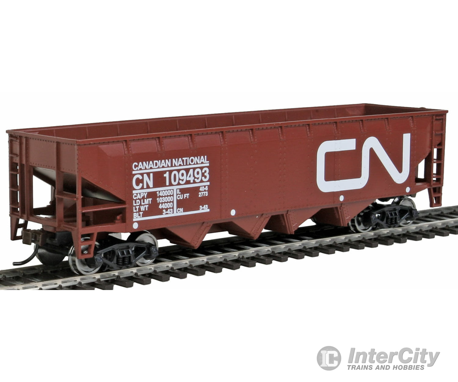 Walthers Trainline 1424 Offset Hopper - Ready To Run -- Canadian National (Brown White; Large Logo)