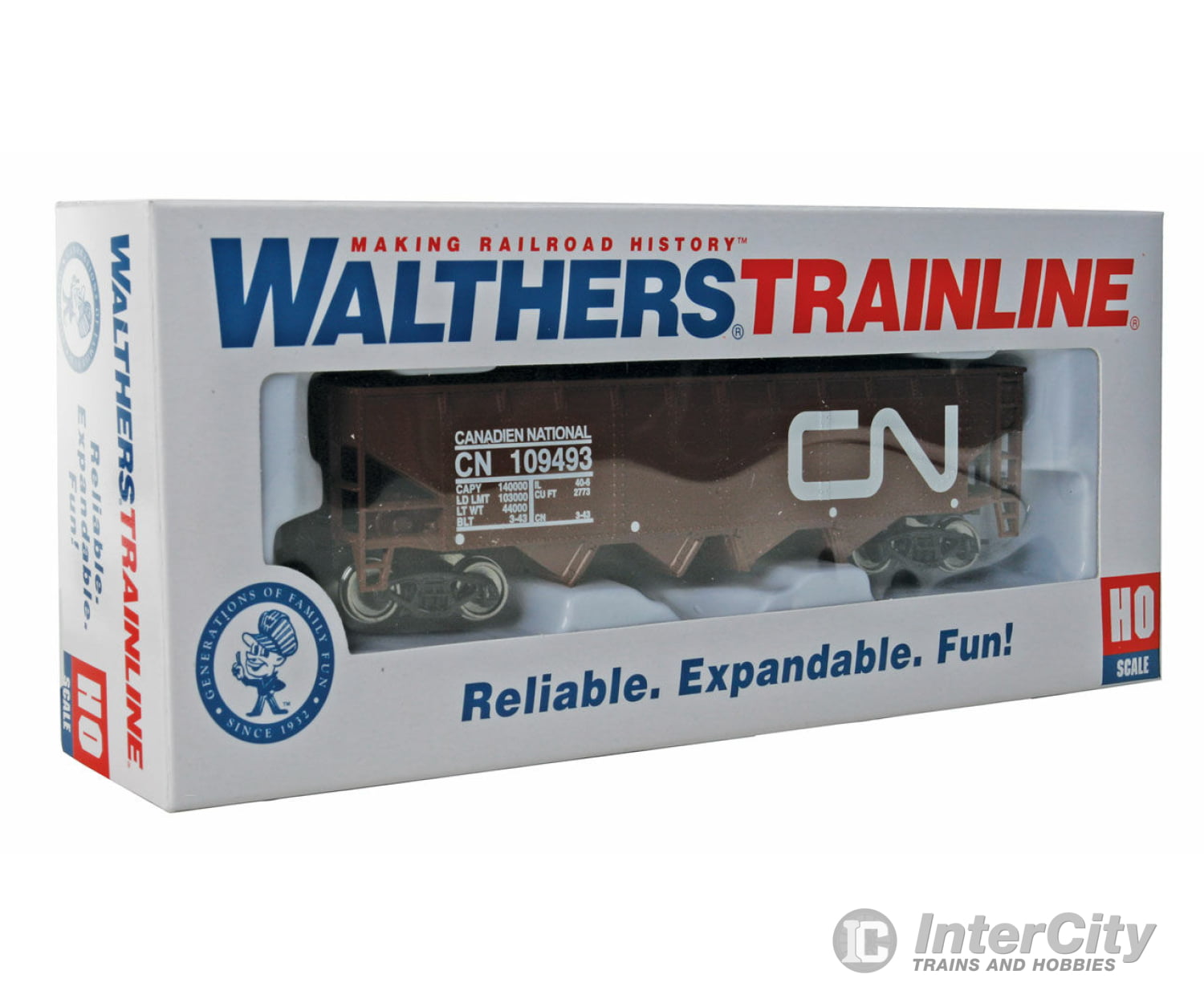 Walthers Trainline 1424 Offset Hopper - Ready To Run -- Canadian National (Brown White; Large Logo)