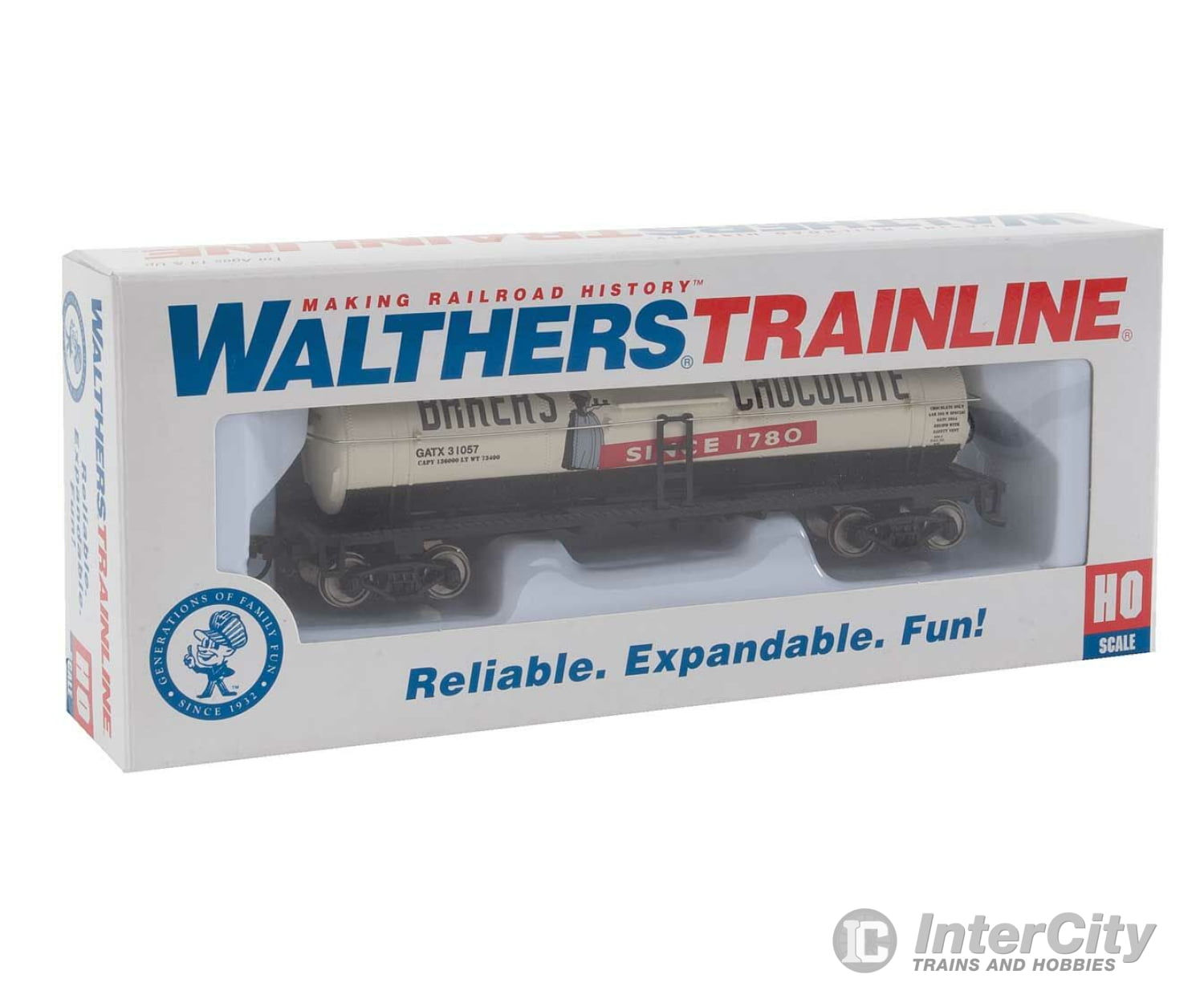 Walthers Trainline 1615 40 Tank Car - Ready To Run -- Bakers Chocolate Gatx #31057 (White Black Red)