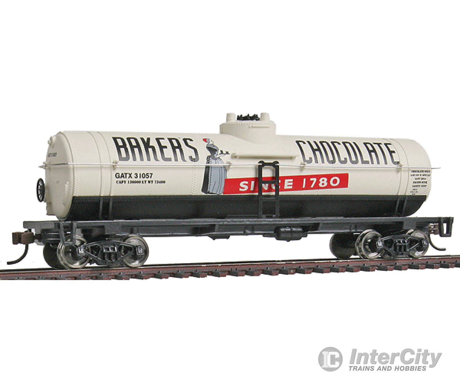 Walthers Trainline 1615 40 Tank Car - Ready To Run -- Bakers Chocolate Gatx #31057 (White Black Red)