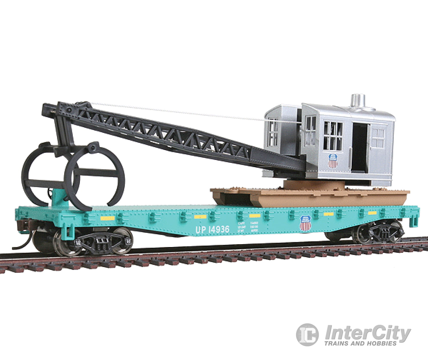 Walthers Trainline 1783 Flatcar With Logging Crane - Ready To Run -- Union Pacific(R) (Green Black)