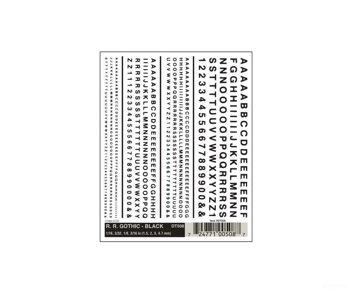 Woodland Scenics 508 Decal - Rr Gothic Letters Black Decals