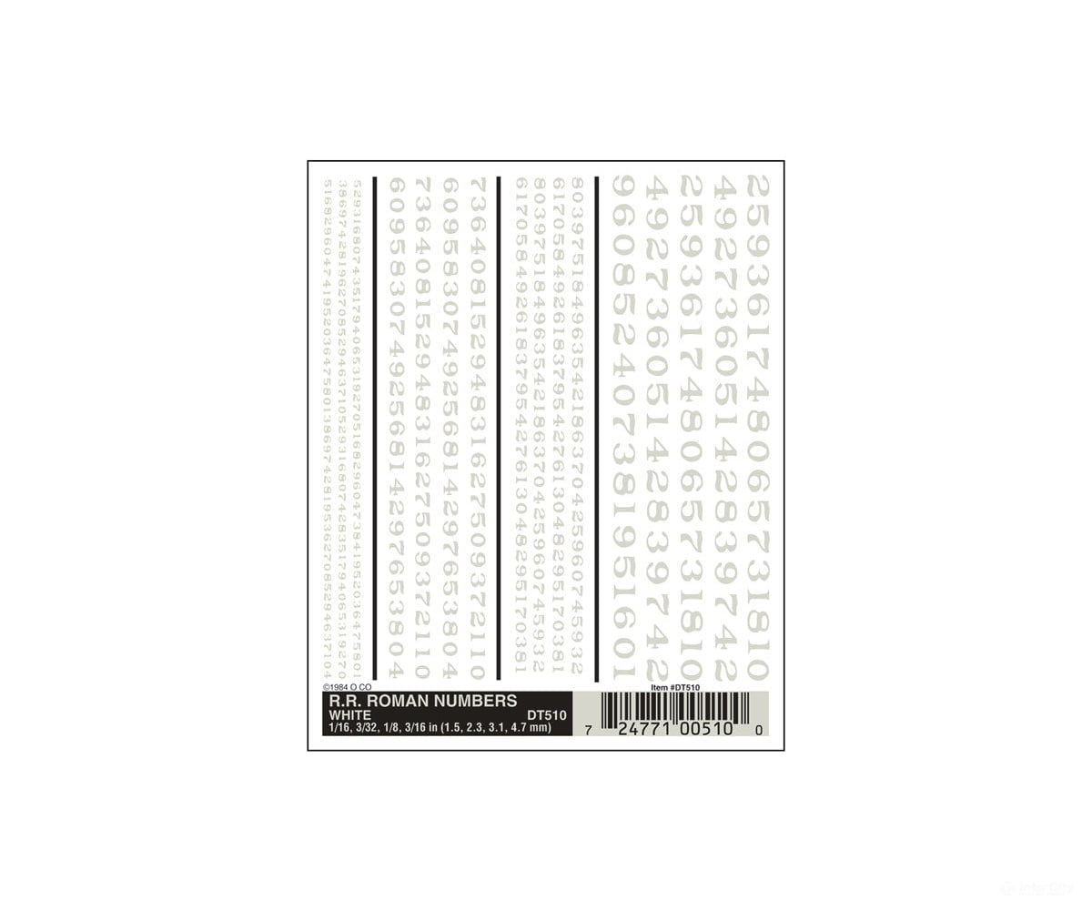 Woodland Scenics 510 Decal - Rr Roman Numbers White Decals