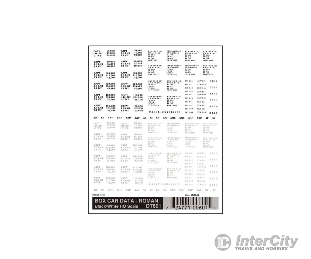 Woodland Scenics 601 Decal - Boxcar Data Roman Decals